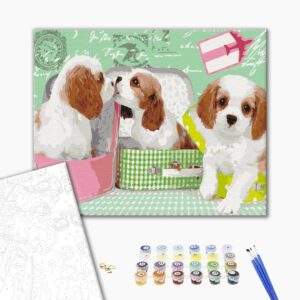 Malowanie po numerach Śliczne szczenięta w walizkach